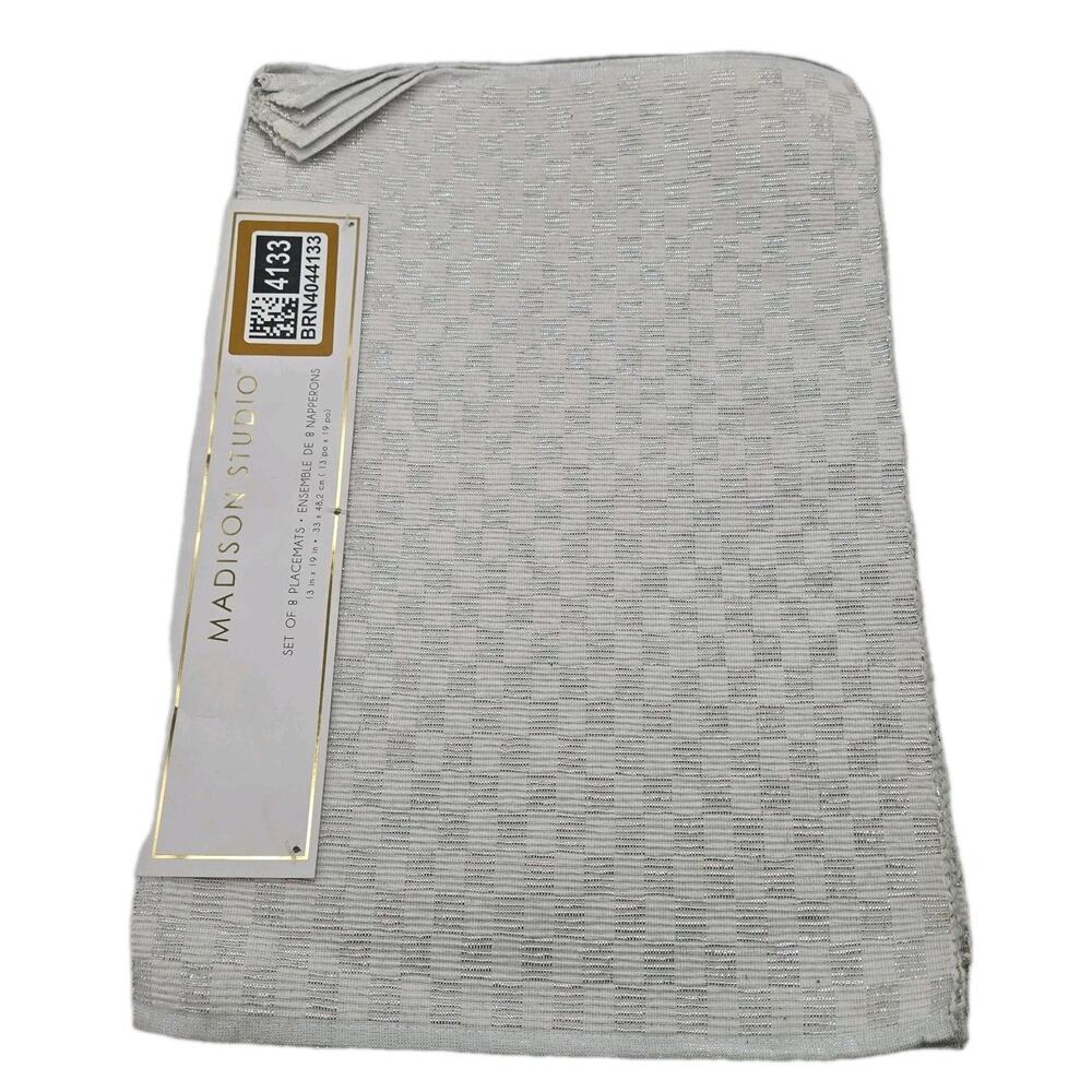 White Silver Checked Woven Placemats Set Of 8 Madison Studio 13x9" NEW Shimmery
